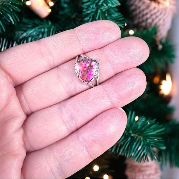 Triangle Pink Kingman Turquoise Ring Solid Sterling Silver Ring - Sz 7.5 - Picture 3 of 5